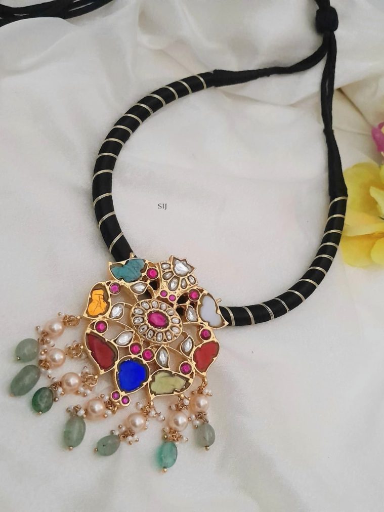 Gold Plated Navratna Pendant with Black Thread Necklace