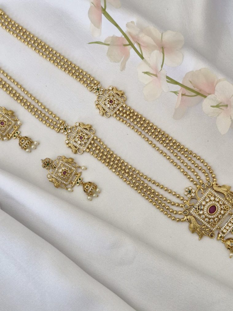 Gold Plated Peacock Motif 4 Layers Long Haram Set
