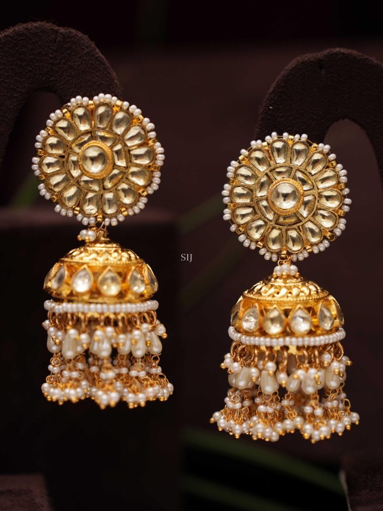 Gold Plated Polki Stones &Pearls Studded Jhumkas