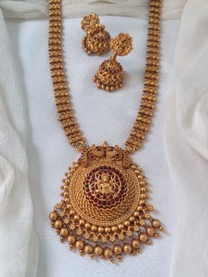 Gold Plated Temple Lakshmi Devi Long Haram Set