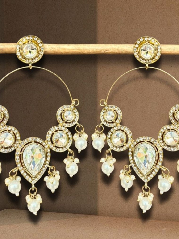 Gold Plated White Stones Chandbali Earrings