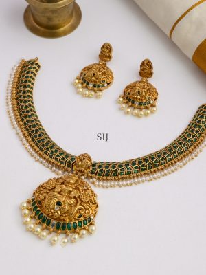 Green Kemp Stone Gold Look Like Lakshmi Necklace
