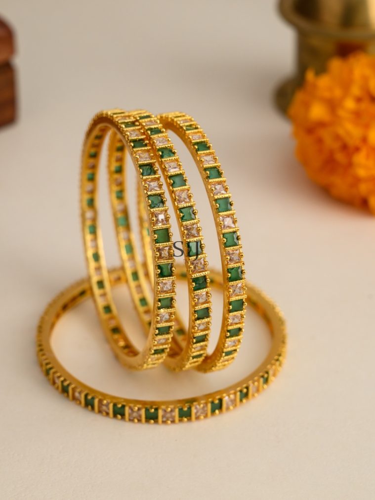 Green With White Stone Square Bangles - Set of 4