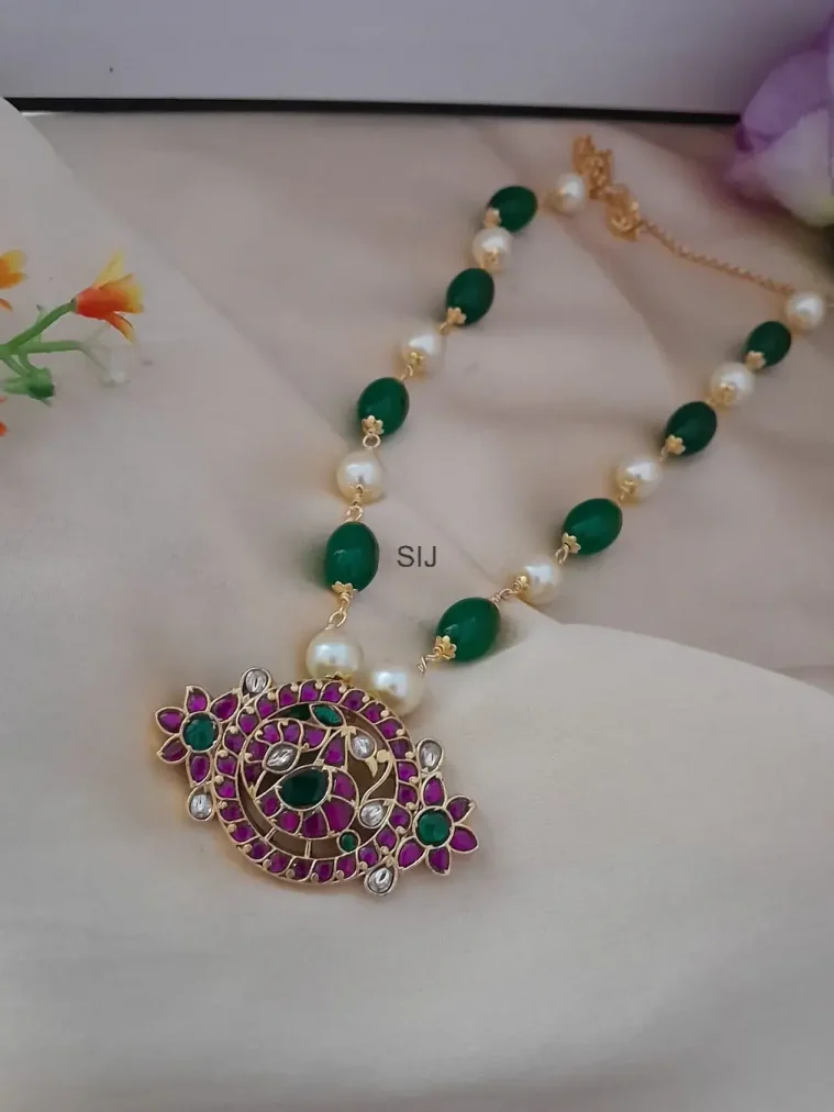 Green and Pearl Beaded Jadau Kundan Pendant Haram