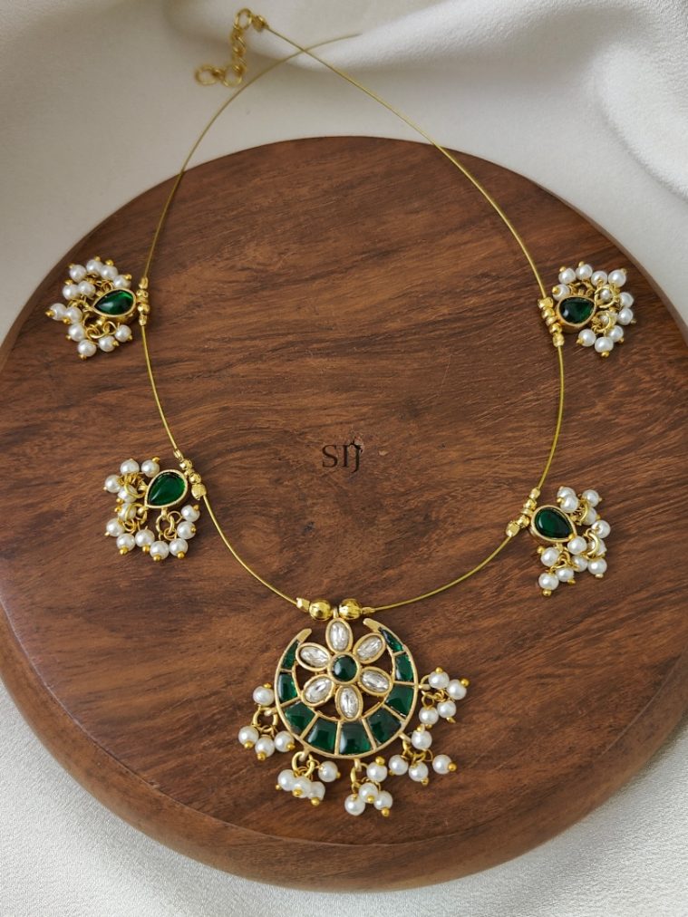 Green with White Moon Shaped Kundan Jadau Invisible Necklace