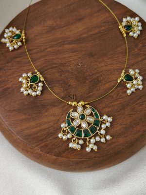Green with White Moon Shaped Kundan Jadau Invisible Necklace