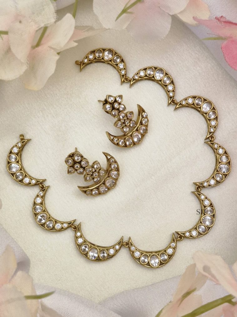 Half Moon Design White Stones Necklace Set