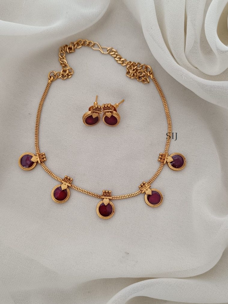 Kerala Style Round Design Maroon Enamel Palakka Necklace