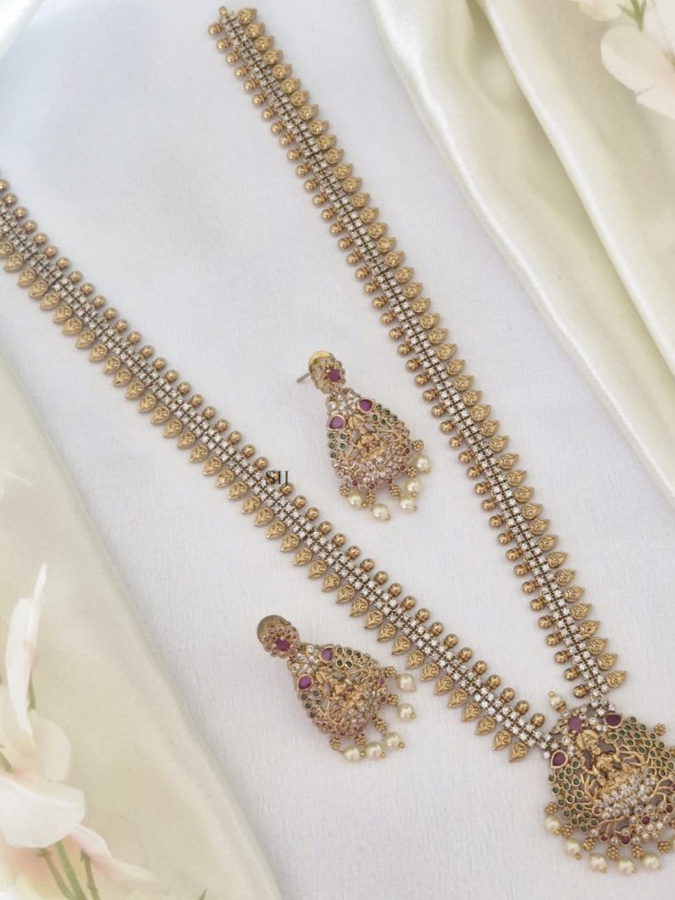 Lakshmi Motif White Stones Leaf Design Long Haram Set