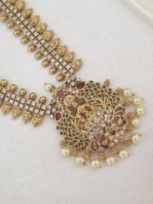 Lakshmi Motif White Stones Leaf Design Long Haram Set