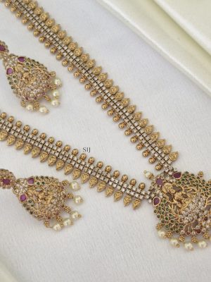 Lakshmi Motif White Stones Leaf Design Long Haram Set