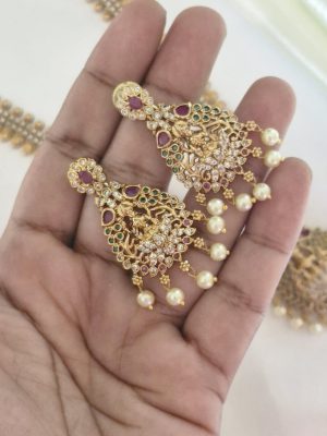 Lakshmi Motif White Stones Leaf Design Long Haram Set