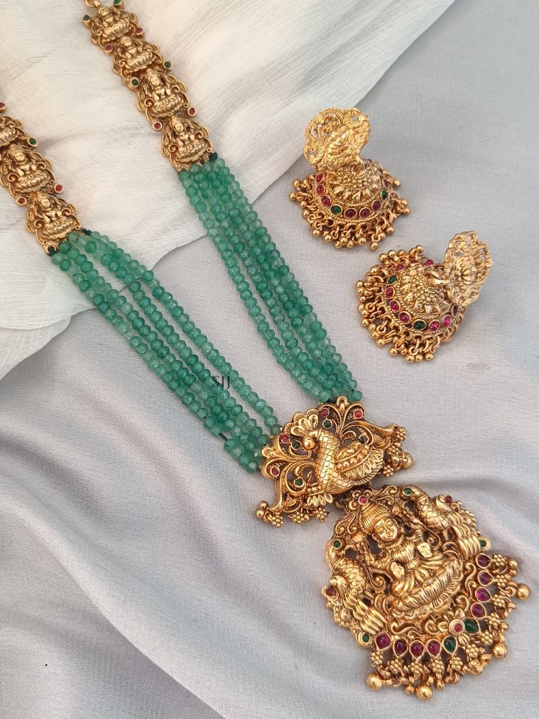 Lakshmi &Peacock Motif Green Beaded Long Haram Set