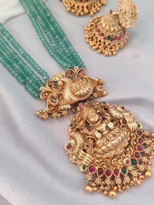 Lakshmi &Peacock Motif Green Beaded Long Haram Set