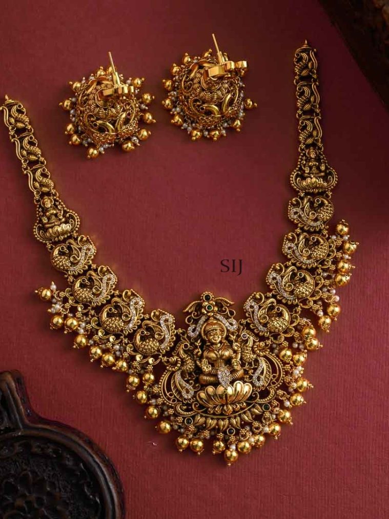 Lakshmi with Peacock Nakshi Golden Beads Dropped Necklace Set