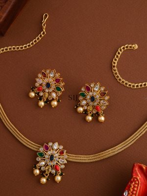 Matt Finish Drop Shaped Navaratna Necklace