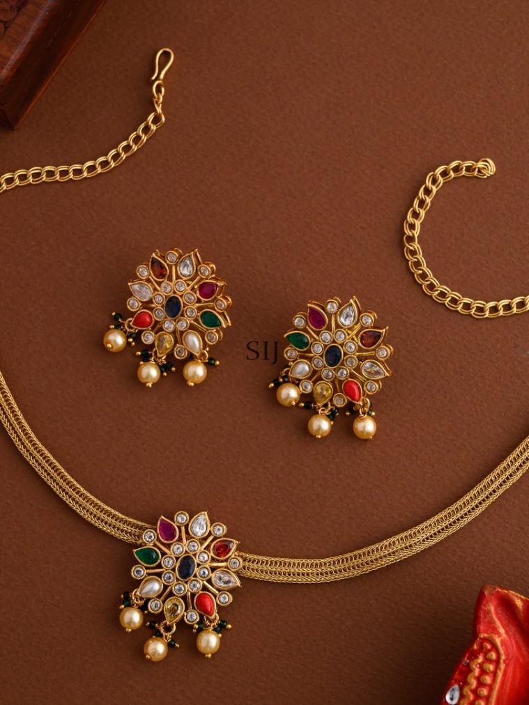 Matt Finish Drop Shaped Navaratna Necklace