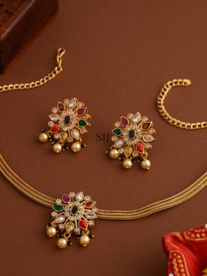 Matt Finish Drop Shaped Navaratna Necklace