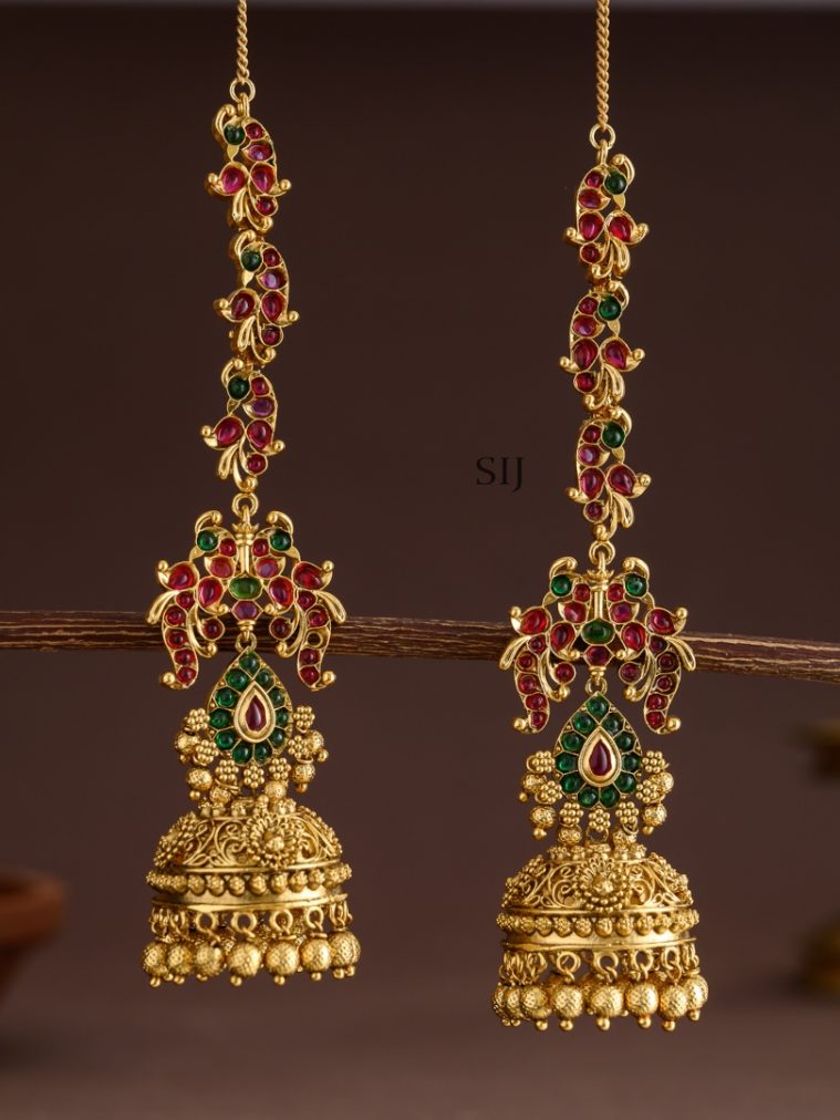 Matte Finish Golden Beads Dropped Jhumkas with Peacock Mattals