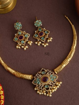 Matte Finish Pastel Green &AD Stones Necklace Set