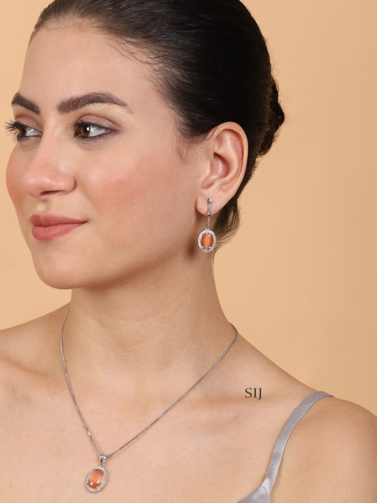 Oval Shaped Office Wear Peach AD Stone Pendant Set