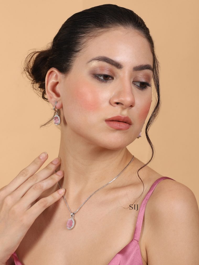 Oval Shaped Pastel Pink Pendant Set with Earrings