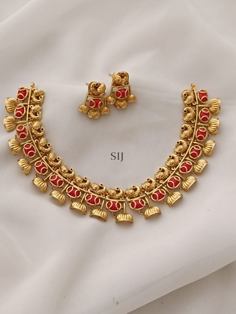 Peacock Design Gold Toned Coral Necklace