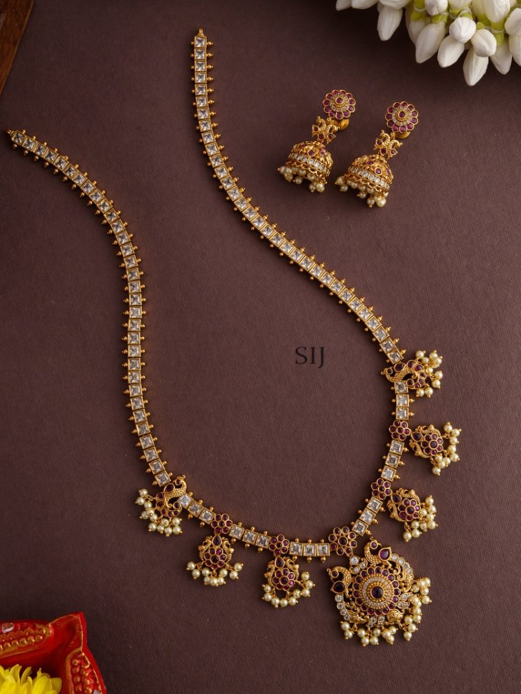 Peacock Motif Ruby Stones Pearl Long Haram Set
