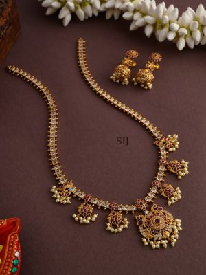 Peacock Motif Ruby Stones Pearl Long Haram Set