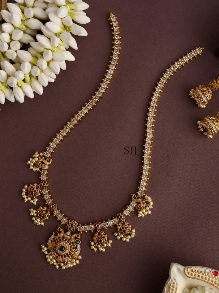 Peacock Motif Ruby with Green Stone Pearl Long Haram Set