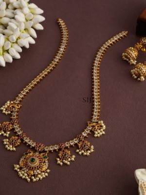 Peacock Motif Ruby with Green Stone Pearl Long Haram Set