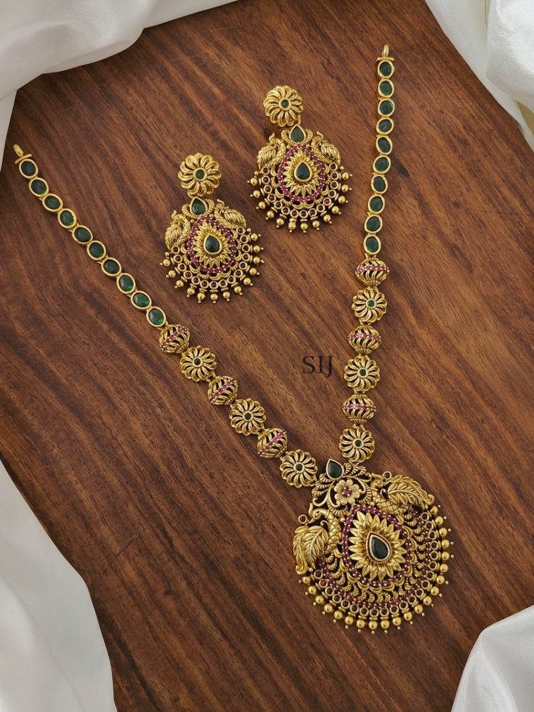 Peacock With Floral Design Green Stone Necklace Set