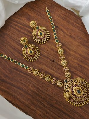 Peacock With Floral Design Green Stone Necklace Set