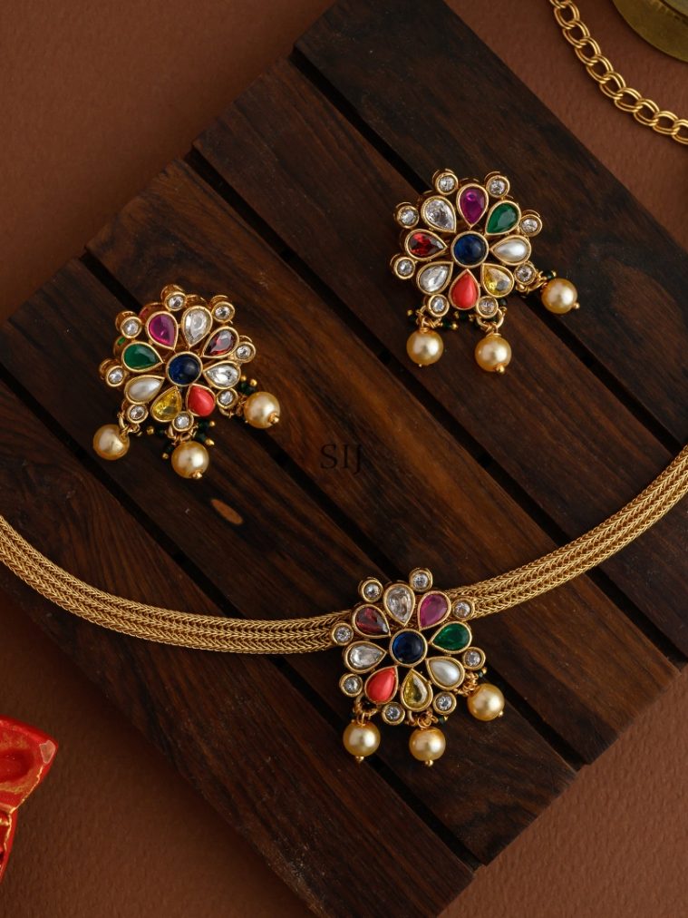 Pearl Drop Navaratna Matt Finish Necklace