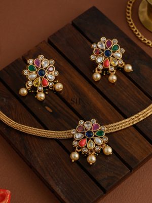 Pearl Drop Navaratna Matt Finish Necklace