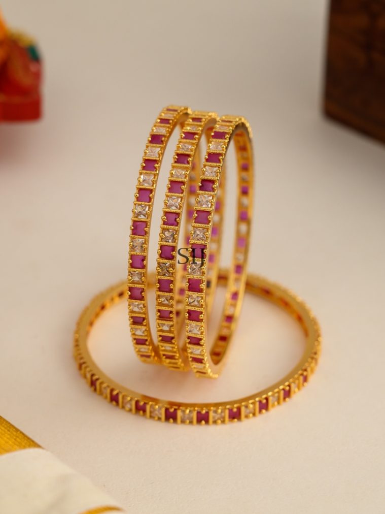 Pink With White Stone Square Bangles - Set of 4