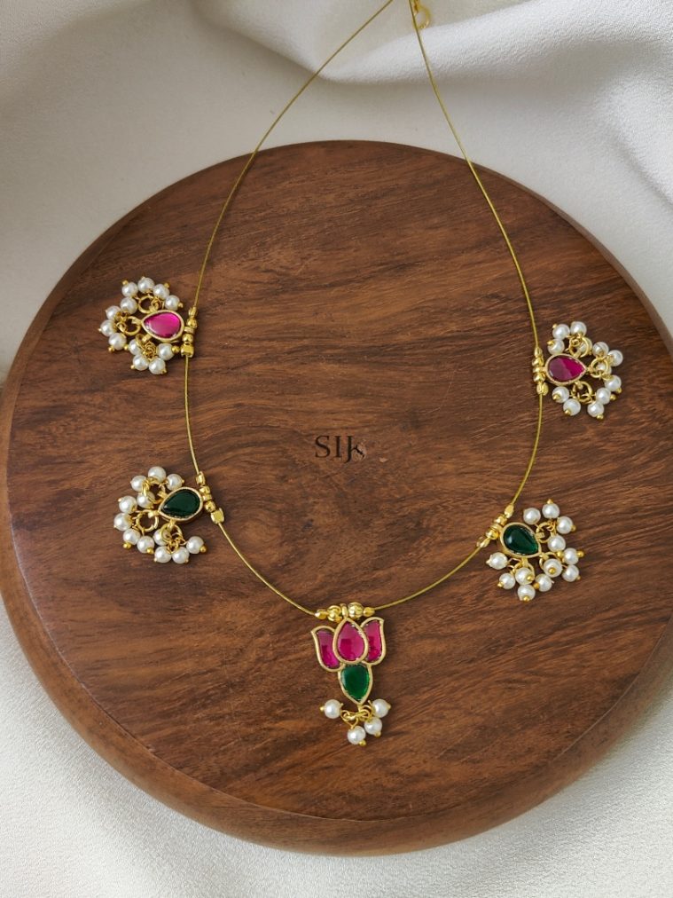 Pink with Green Kundan Jadau Floral Invisible Necklace