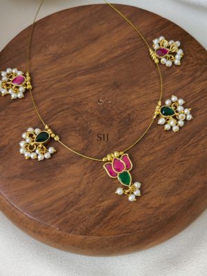 Pink with Green Kundan Jadau Floral Invisible Necklace