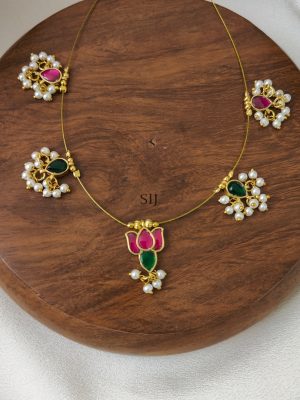 Pink with Green Kundan Jadau Floral Invisible Necklace