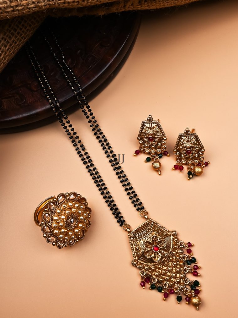 Rajwadi Mangalsutra With Multicolor Hydra Beads and Ring Combo Set
