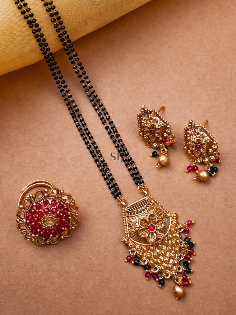 Rajwadi Mangalsutra with Red Green Hydra Beads and Ring Combo Set