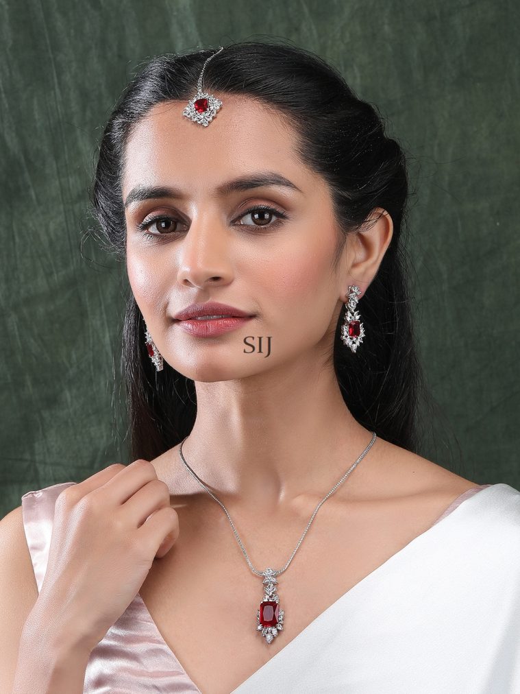 Ravishing Red CZ Leaf Pendant Set with Earrings and Maangtikka