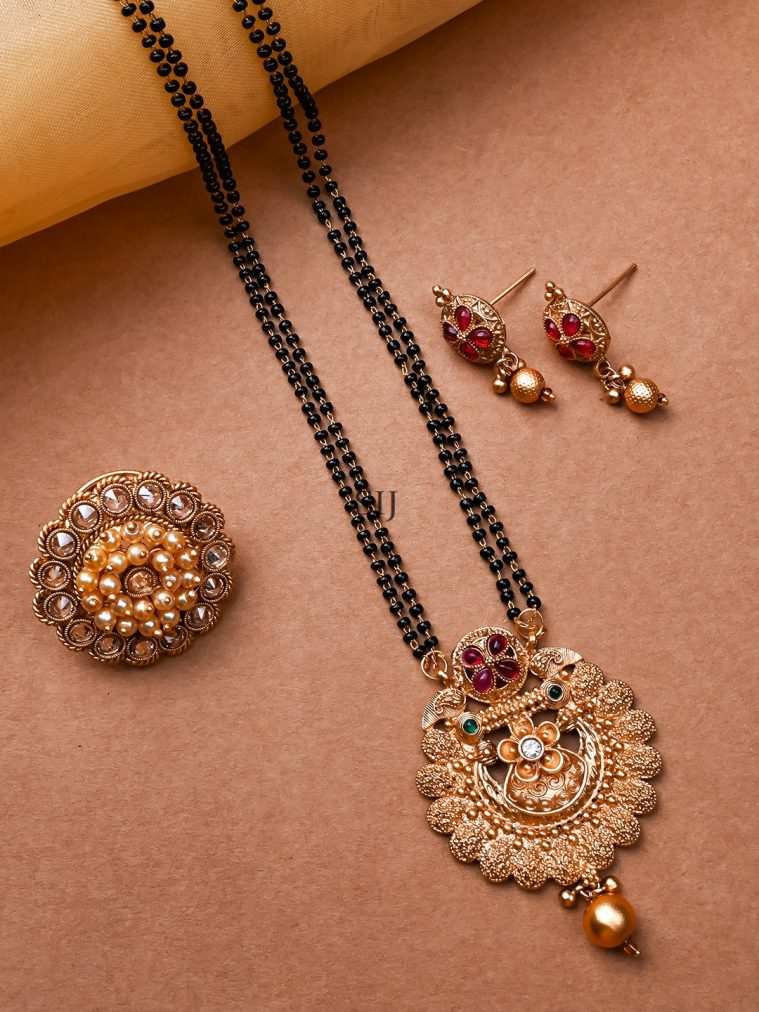 Red Kemp Rajwadi Mangalsutra and Ring Combo Set