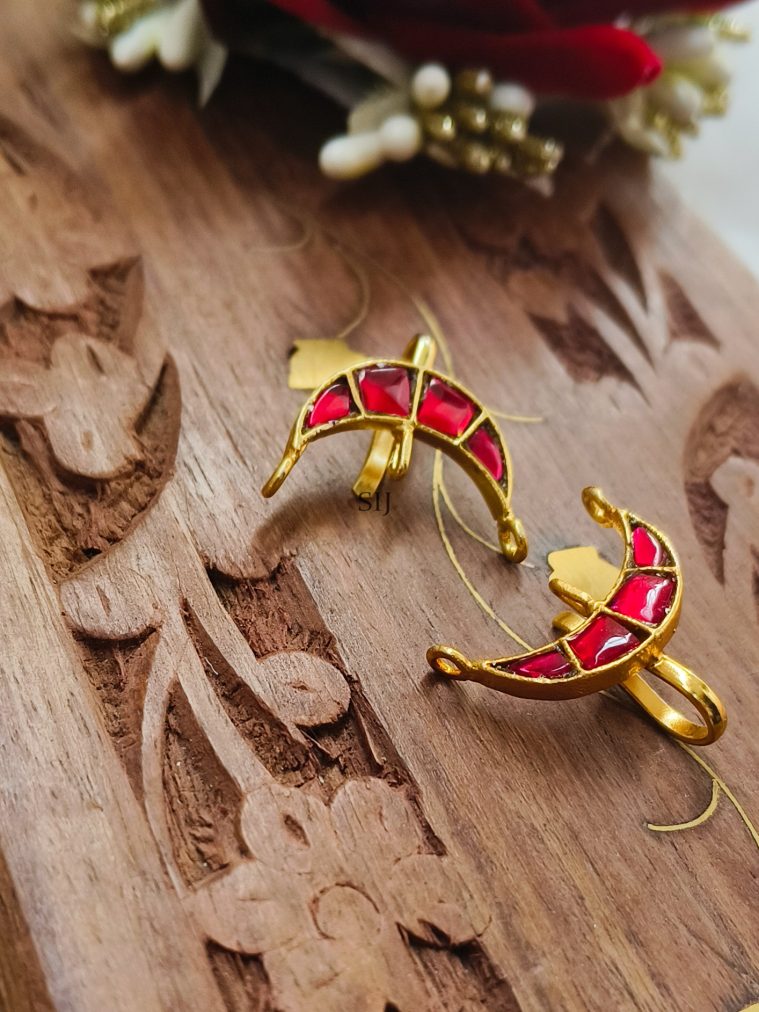 Red Kundan Stones Half Moon Bugadi Ear Cuffs