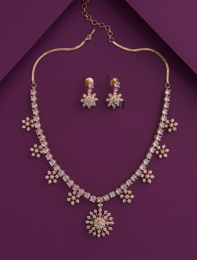 Rose Gold Finish Floral Design AD Stones Necklace Set