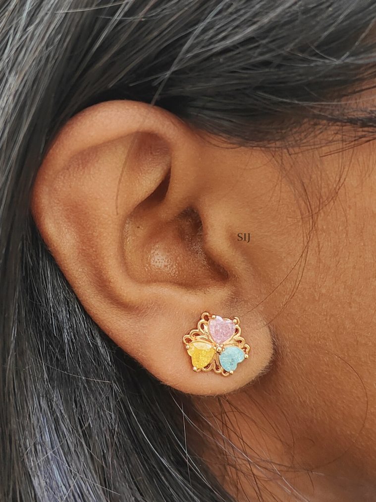 Rose Gold Flower Design 3 Heart Shaped Stones Ear Studs