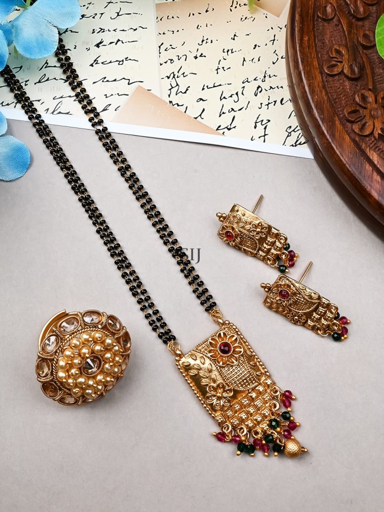 Ruby Green Square Rajwadi Mangalsutra and Ring Combo Set