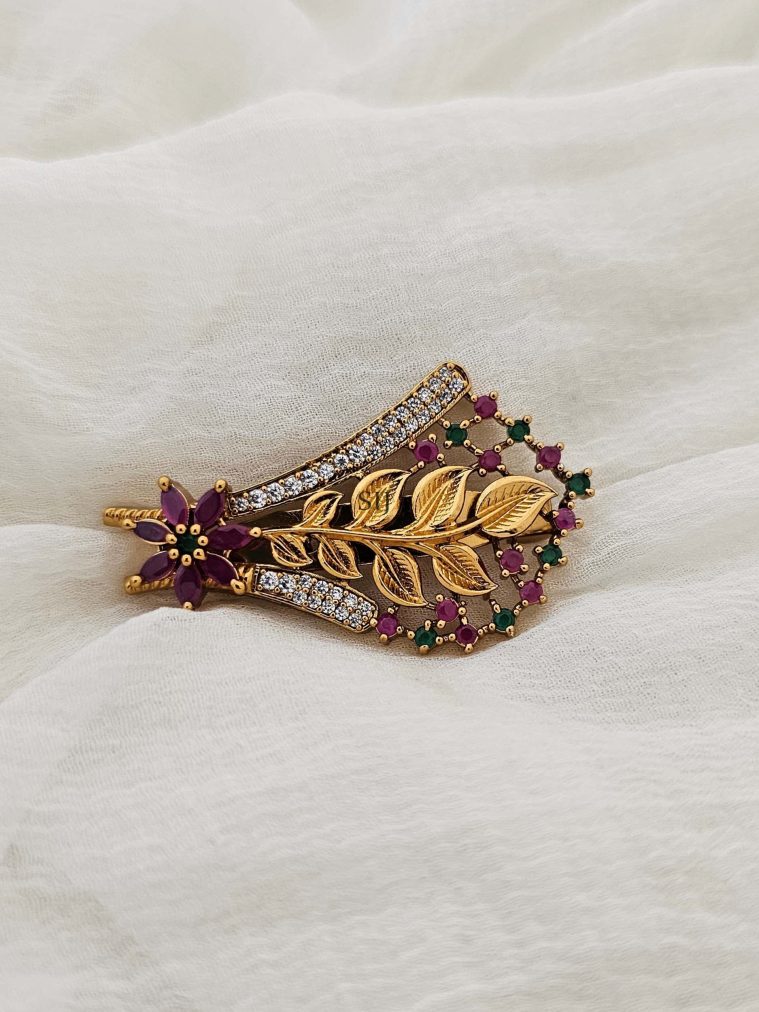 Ruby Stones Leaf Design Saree Pin