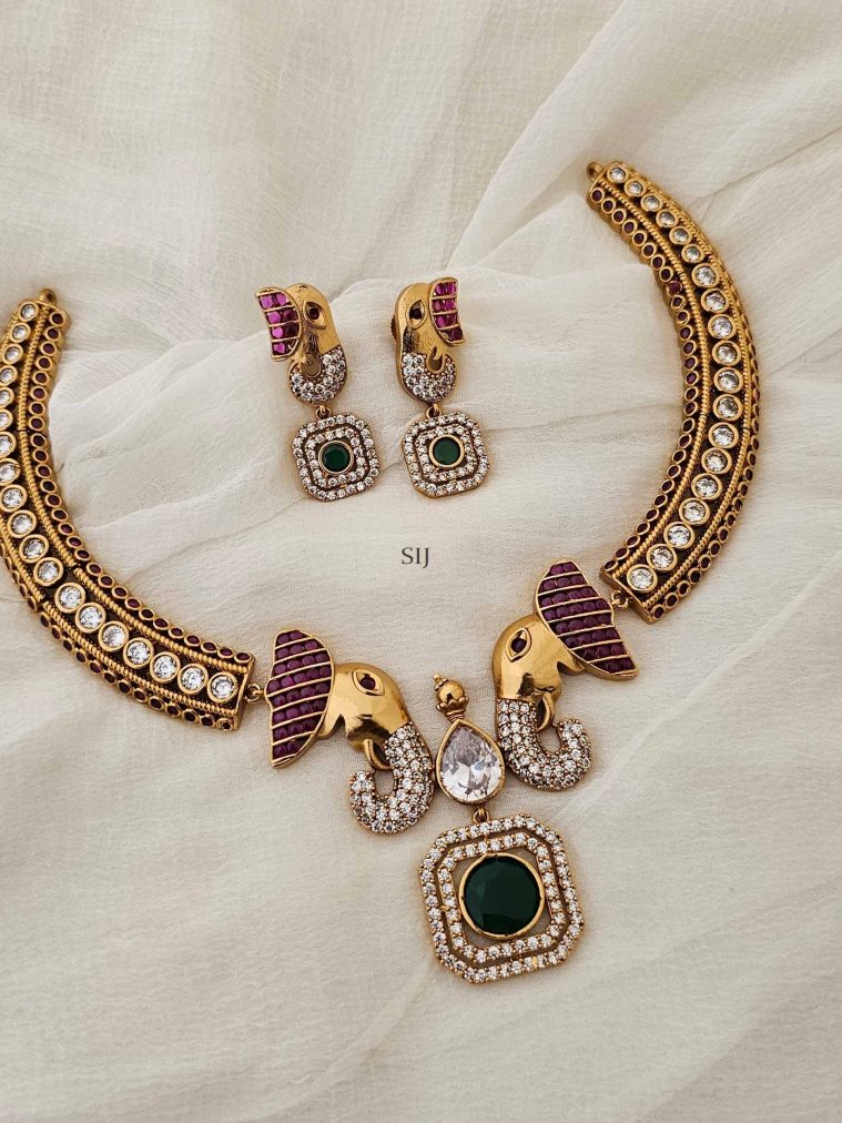 One Gram Gold Temple Necklace with Elephant Faces