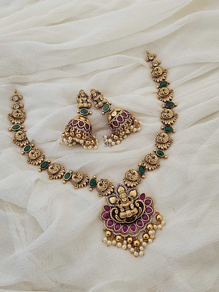 One Gram Gold Peacock Necklace with Lakshmi Pendant